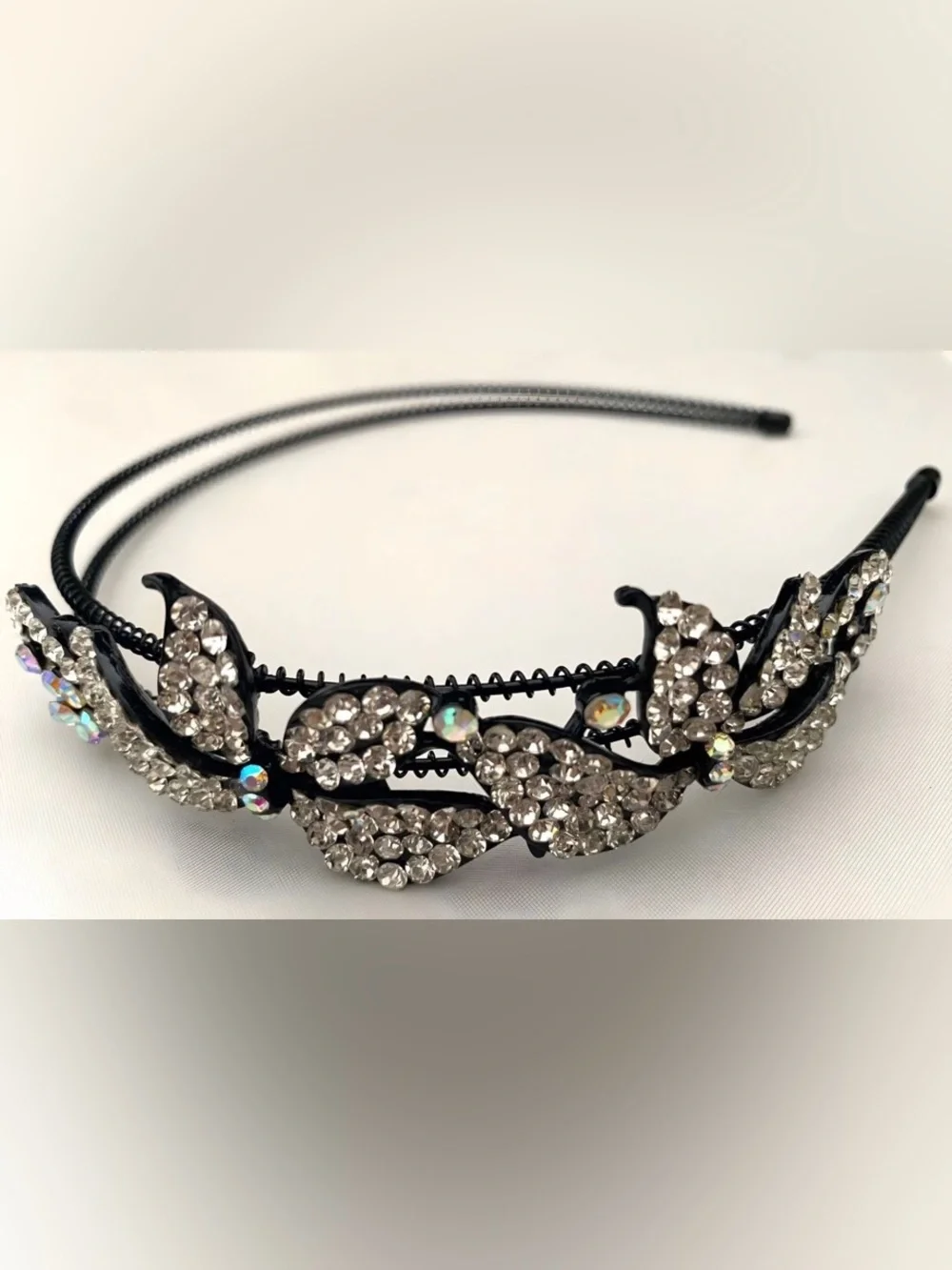 Clear & AB Crystals Floral Black Headband - Women's Elegant Hair Accessory